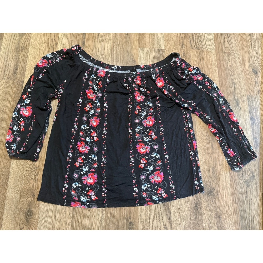 LASCANA for VENUS Off Shoulder Top Womens Large Black Floral Peasant Blouse